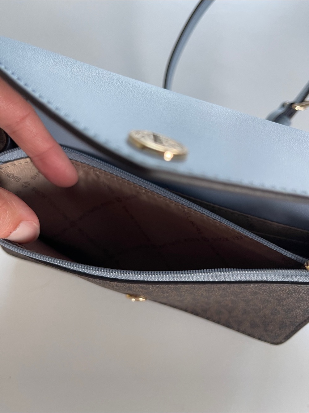 Michael Kors Two-Tone Envelope Crossbody in Light Blue and Brown - Picture 13 of 13